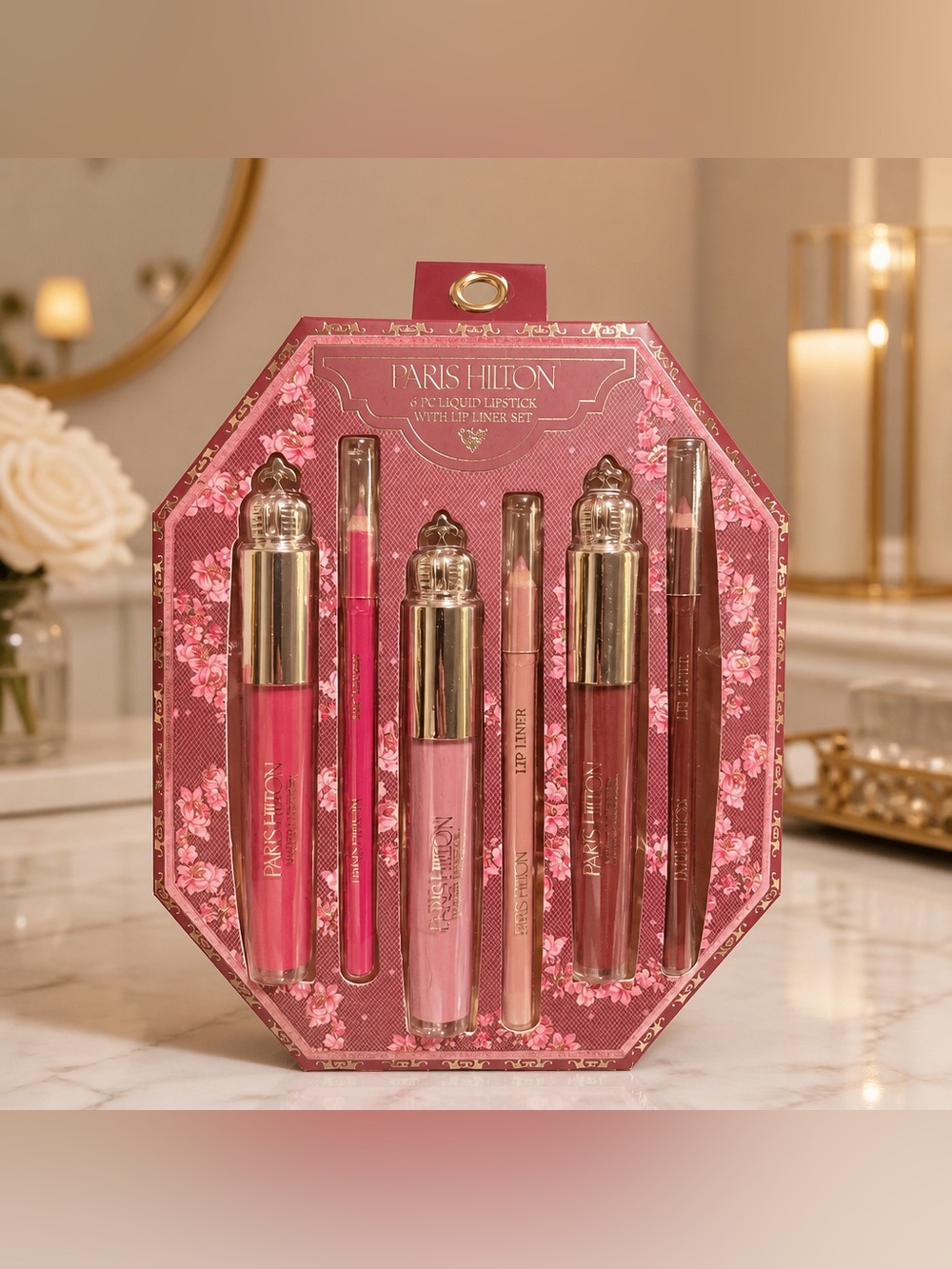 Paris Hilton 6-Piece Liquid Lipstick & Lip Liner Set Pink